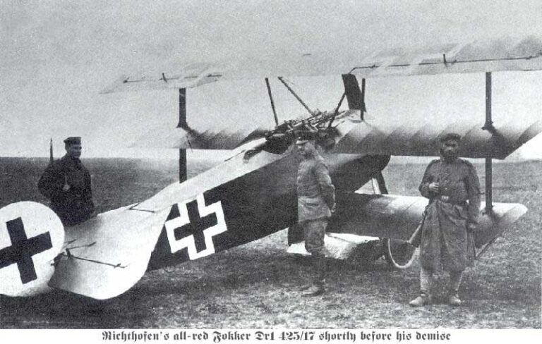 The red Fokker Dr1 of Manfred von Richthofen on the ground.