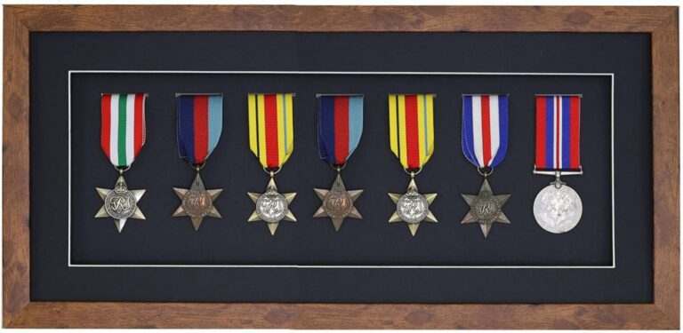 A shadow box showing a group of World War II medals.