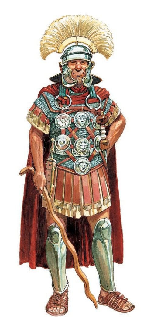 A Roman Centurion wearing medals as part of their battle dress.